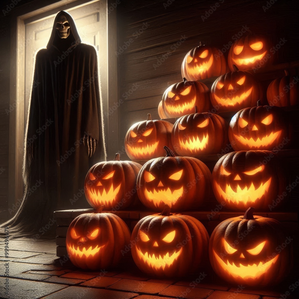 Poster a chilling halloween scene featuring a menacing reaper in a hooded cloak standing next to a pyramid 