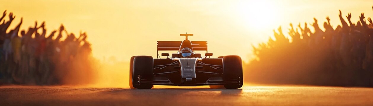 A final parade lap with a single Formula 1 car on the track, framed by a crowd giving one last standing ovation, the sun setting in the background