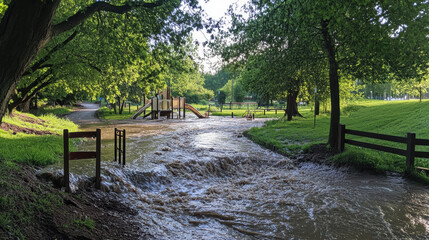 Fototapeta premium swollen creek is overflowing its banks, creating picturesque yet powerful scene in park. lush greenery and playground in background contrast with rushing water, evoking sense of natures force