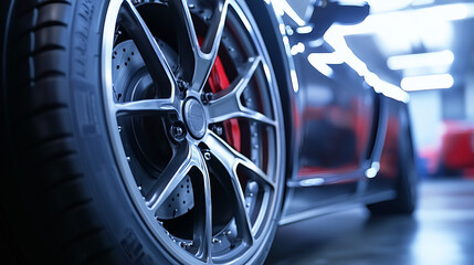 Zbliżenie na luksusowe opony sportowego samochodu, na których wyraźnie widać imponujące tarcze hamulcowe.
