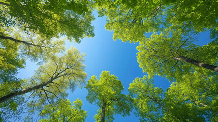 Obraz premium Drzewa widziane od dołu, z bujnymi, zielonymi liśćmi na tle czystego, niebieskiego nieba.