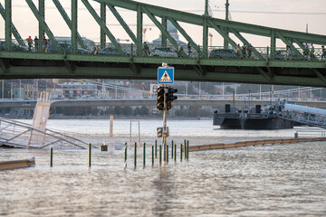 Budapest, Hungary - September 18, 2024: Flooded Highway Beneath Liberty Bridge in Budapest After Storm 'Boris' Raises the Danube&rsquo;s Water Levels. Buda castle on the background.