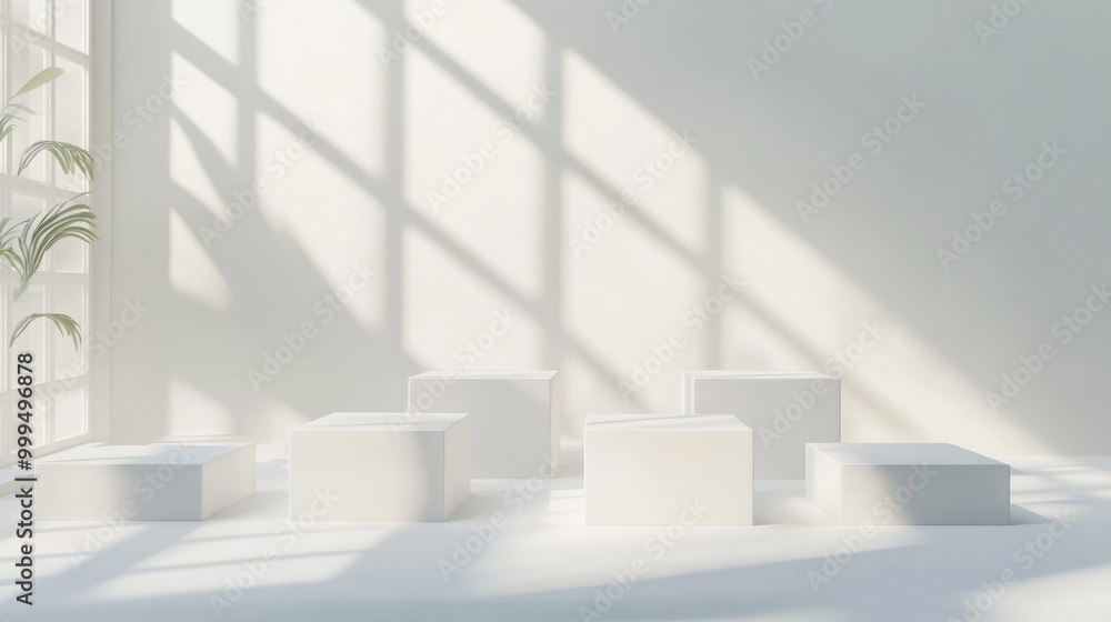 Poster abstract minimalist scene featuring an empty stage with six rectangular podiums on a white backgroun