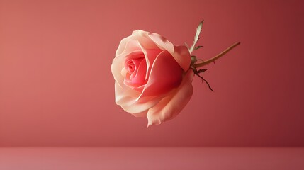 Minimal abstract scene with a soft rose falling slowly conveying the essence of love