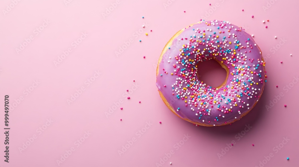 Poster purple donut topped with colorful sprinkles on a pink background viewed from above with ample copy s