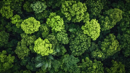 Aerial perspective of a lush forest canopy showcasing intricate details featuring vibrant green trees and thriving vegetation in a tropical environment