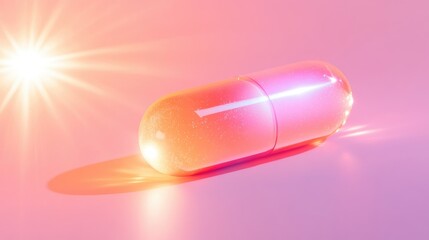 Iridescent pill capsule illuminated by light flare against a pink backdrop