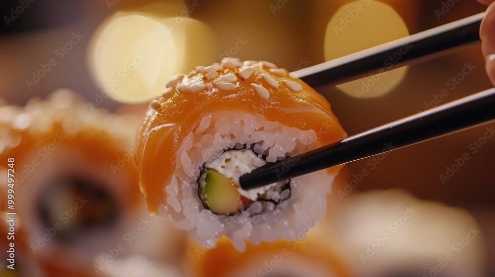 Poster close up of chopsticks picking up a sushi roll from a table showcasing the dining experience of enjo