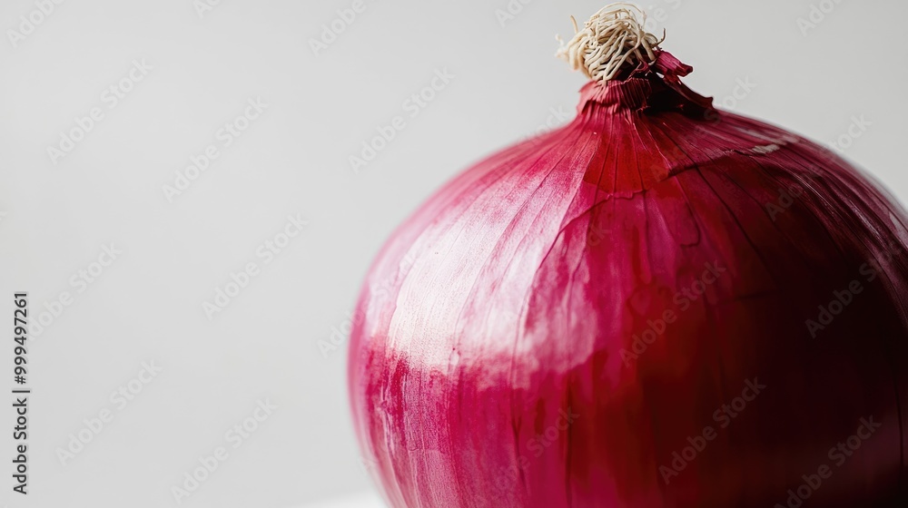 Poster bright red onion showcasing smooth layers and a glossy surface set against a white backdrop