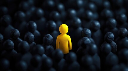 A unique yellow figure contrasts against numerous dark silhouettes representing brand differentiation and the power to distinguish oneself from competitors