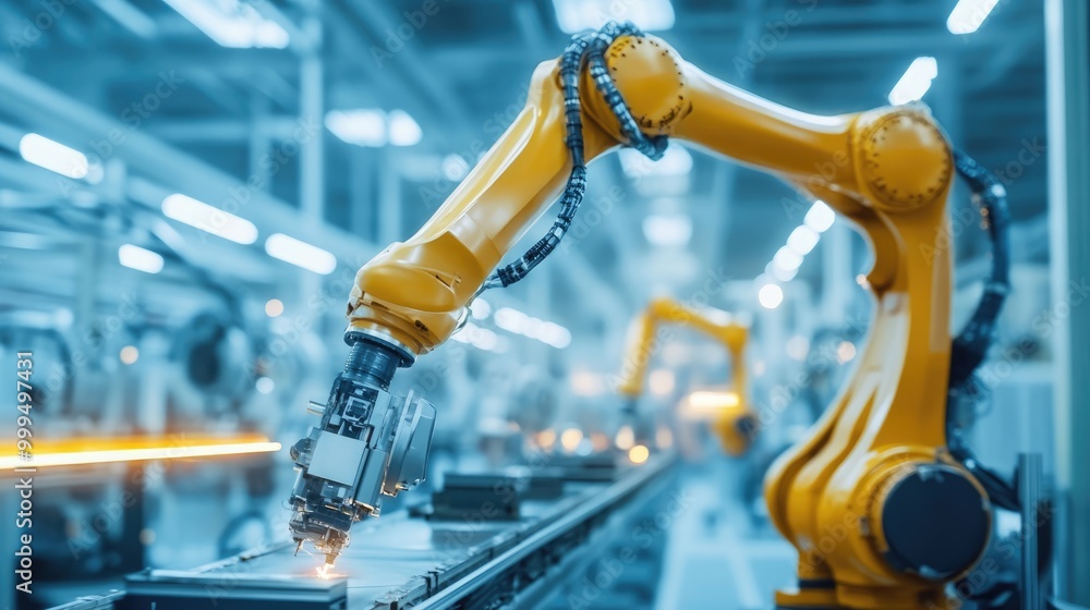 Poster automated robotic arm in operation within an automotive manufacturing setting