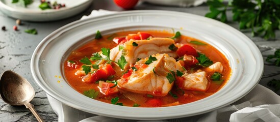 Fish Soup In A Plate Spoon And Tissue