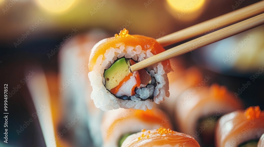 Poster close up of chopsticks picking up a sushi roll from a table showcasing the dining experience of enjo