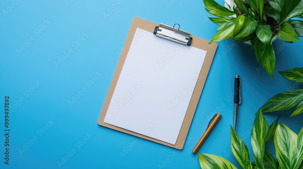 Poster minimalistic top view of a workspace featuring an empty clipboard and paper on a blue background ide