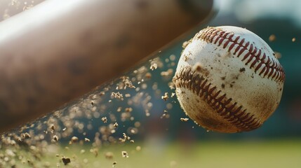 Close up shot of a bat and ball A batter makes contact with the ball during a baseball game