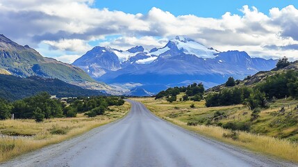 Naklejka premium Scenic Road Leading Towards Snow-capped Mountains