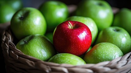 A single red apple contrasts against a basket of green apples highlighting its distinct appearance within the group