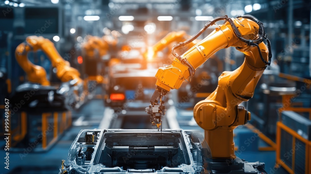 Poster automated robotic arm in operation within an automotive manufacturing setting