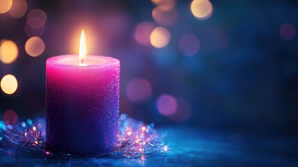 Purple candle glowing against a dark blue backdrop with soft blurred lights and shimmering details creating a mystical ambiance associated with spiritual rituals