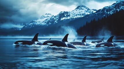 Fototapeta premium A pod of orcas swim through the ocean, with a backdrop of snow-capped mountains and a cloudy sky.