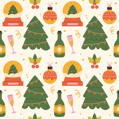 Christmas retro pattern. snow globe, Christmas tree, glass, wine. Vector illustration