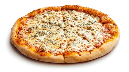 Four cheese pizza featuring mozzarella parmesan cheddar and feta presented on a white background