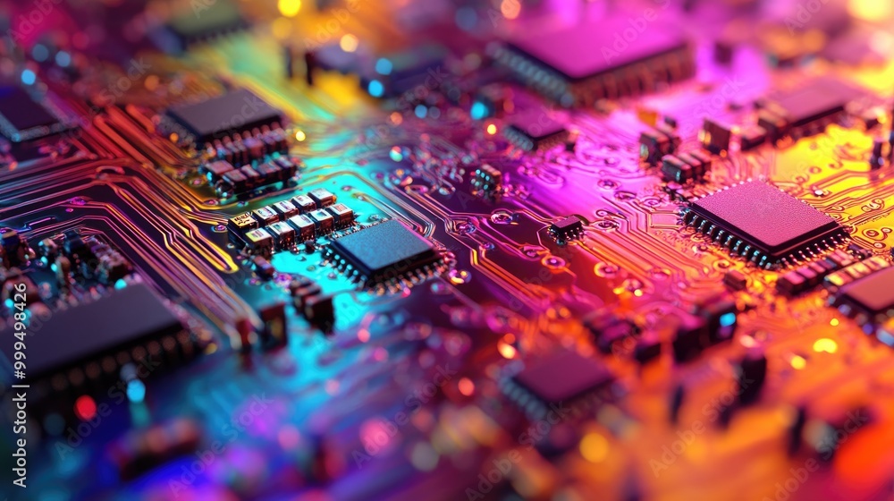 Poster dynamic and colorful nanoelectronics circuit board in close up perspective