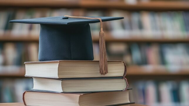 A graduation cap placed atop a pile of books representing the themes of education and accomplishment within an academic setting