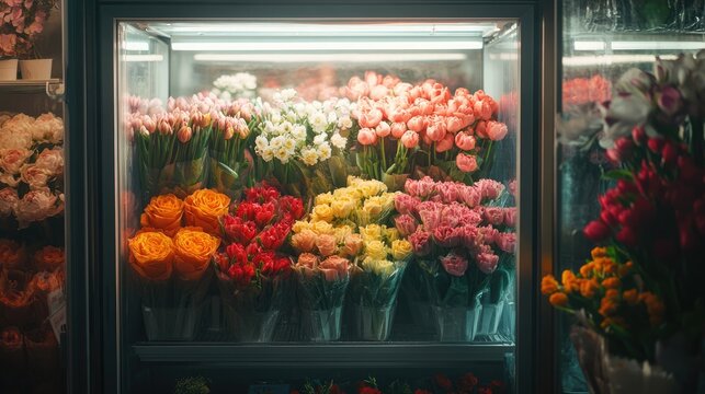 Florist opens a glass fridge in a flower shop displaying a selection of fresh vibrant flowers for spring bouquets
