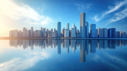 City skyline mirrored on a calm water surface