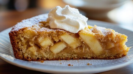 Homemade Dutch apple cake served with a dollop of whipped cream