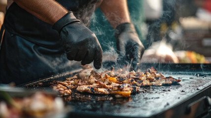 Skilled grill chef preparing marinated meats at a bustling outdoor food market in the afternoon sun
