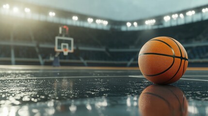 Obraz premium Orange ball on a basketball court with a stadium in the background capturing the essence of a competitive basketball game
