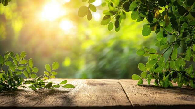 Rustic wooden tabletop with moringa tree leaves and sunlit trees in the background offering ample copy space for product display