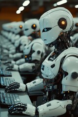 Fototapeta premium Futuristic Robots Working in a High-Tech Office Environment with Advanced Computers and Technology