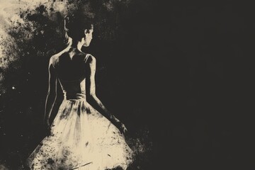 Obraz premium A ballerina in a white dress stands against a dark, textured background. The silhouette is artistic, emphasizing the grace of her pose.