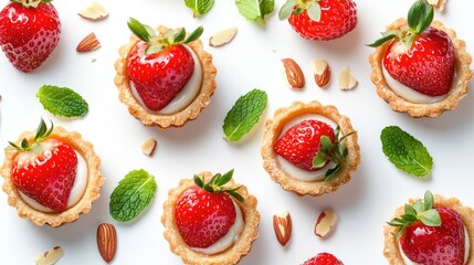 Delightful arrangement of mini strawberry tarts filled with vanilla custard garnished with mint leaves and almond flakes on a clean white background Perfect for showcasing homemade desserts Top vi
