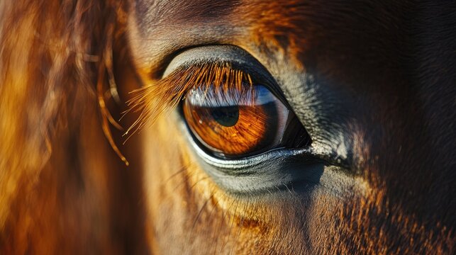 Close up of an amber colored horse eye featuring long lashes of a brown stallion