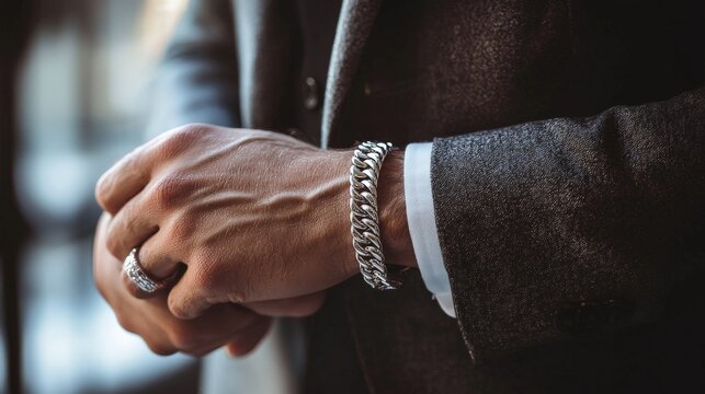 close-up of a mens silver bracelets as an element of his business style