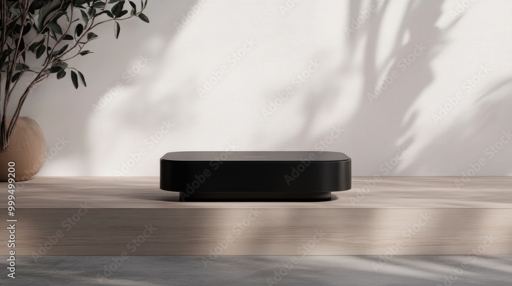 Poster sleek black matte tech product display table in a modern minimalist studio environment