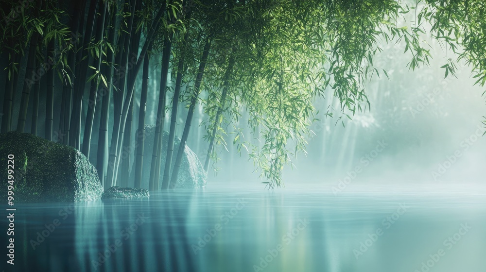 Poster vertical bamboo lines enveloped in a serene mist creating a tranquil atmosphere reminiscent of a zen