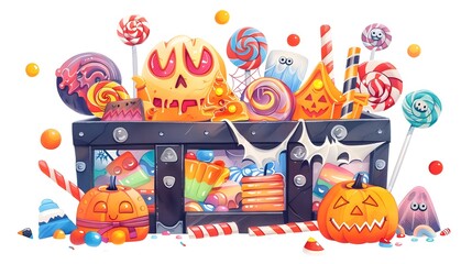 Fototapeta premium Colorful cartoon birthday card with cake and candles, illustration for children's celebration