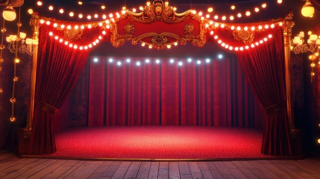 Room featuring a stage adorned with red curtains and lights ideal for a circus theme complete with a banner and ample copy space