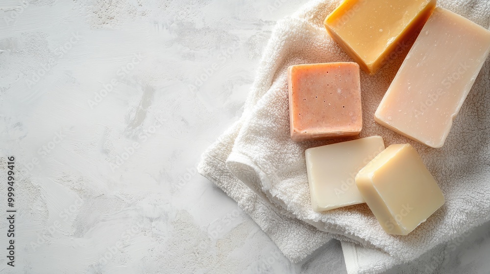 Poster top view of handcrafted soap bars on a white towel with a blank area for text