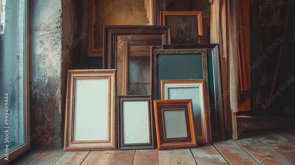 Poster a variety of empty picture frames in different sizes arranged on a wooden floor in a room featuring 