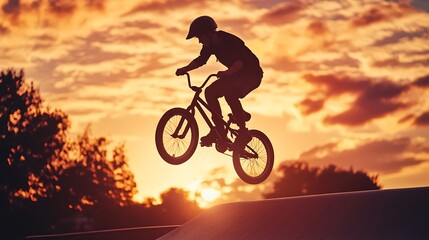 Naklejka premium Silhouette of BMX Rider Leaping Against a Dramatic Sunset