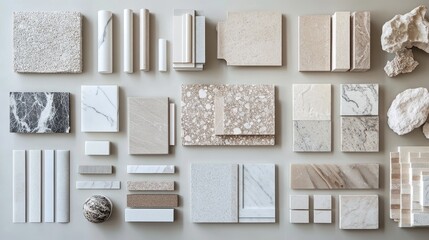 An aerial perspective showcasing an array of marble and stone samples carefully organized in a visually appealing layout against a neutral backdrop