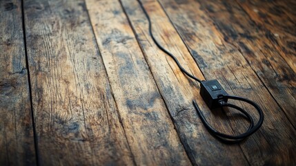 Authentic electrical extension cord resting on a rustic vintage wooden floor