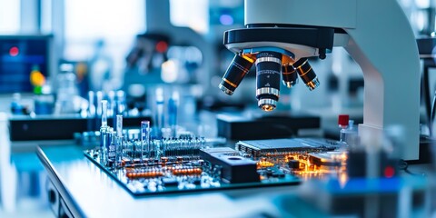 a research lab desk, advanced tech prototypes and complex circuit boards in focus, representing innovation in scientific research.