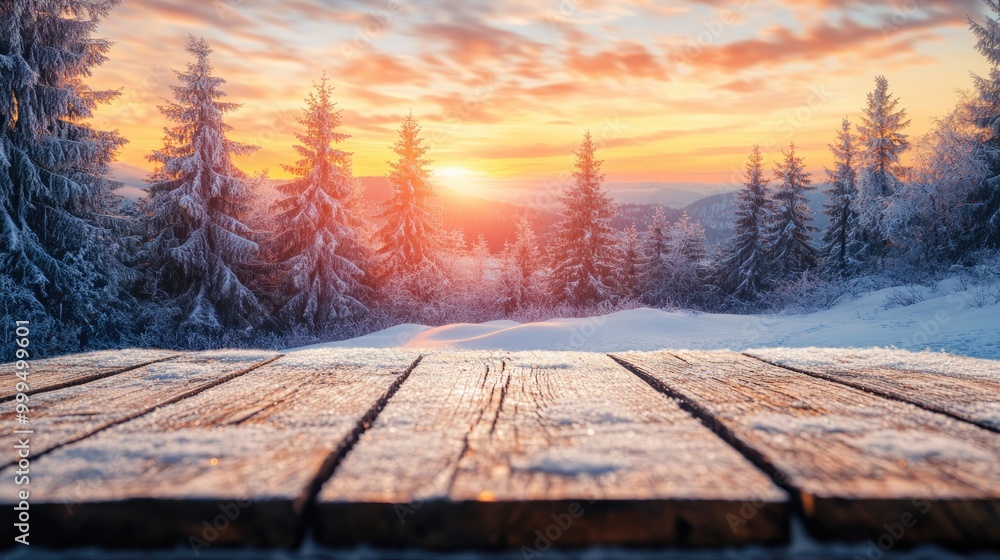 Poster wooden table in front of a snowy landscape featuring fir trees with a sunset view in the background 